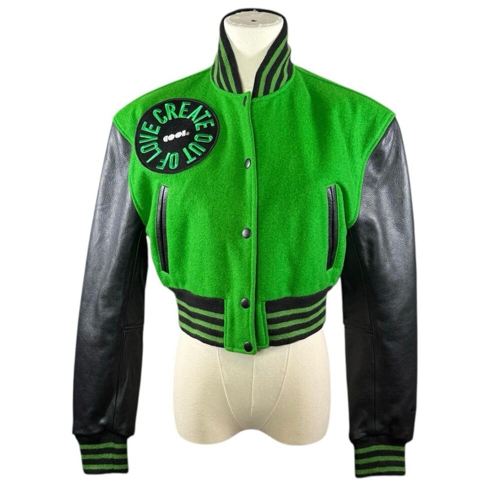 Emerald Kelly Green Cropped Letterman Varsity Jacket | Wool & Leather | Small